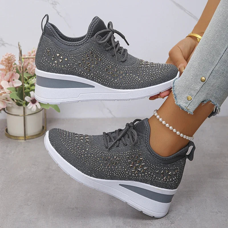 Happy™ Women Sneakers: Stylish Breathable Wedge Heel Women's Sneakers with Sparkling Rhinestones