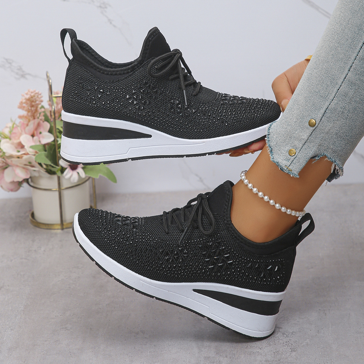 Happy™ Women Sneakers: Stylish Breathable Wedge Heel Women's Sneakers with Sparkling Rhinestones