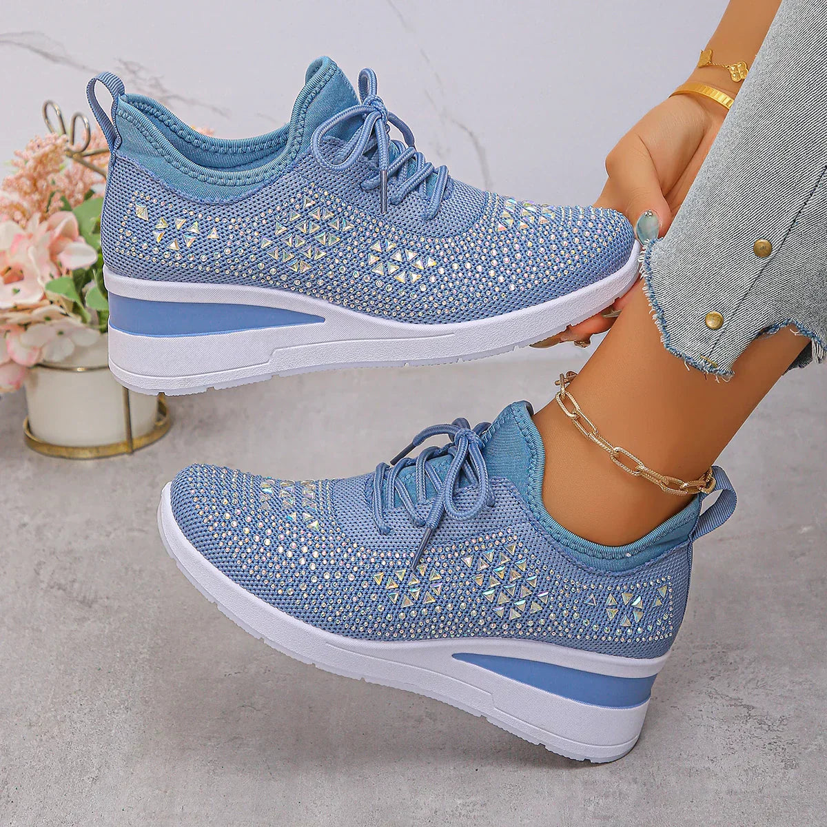 Happy™ Women Sneakers: Stylish Breathable Wedge Heel Women's Sneakers with Sparkling Rhinestones