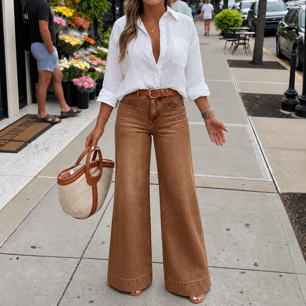 High-Rise Wide-Leg Vintage-Wash Denim-Look Jeans
