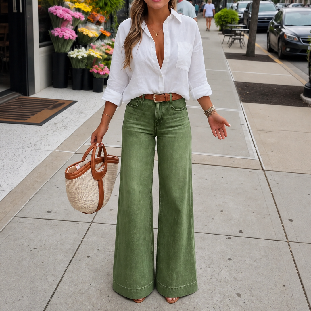 High-Rise Wide-Leg Vintage-Wash Denim-Look Jeans