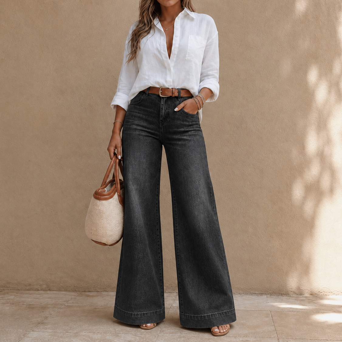 High-Rise Wide-Leg Vintage-Wash Denim-Look Jeans