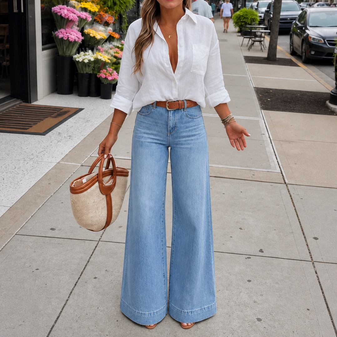 High-Rise Wide-Leg Vintage-Wash Denim-Look Jeans