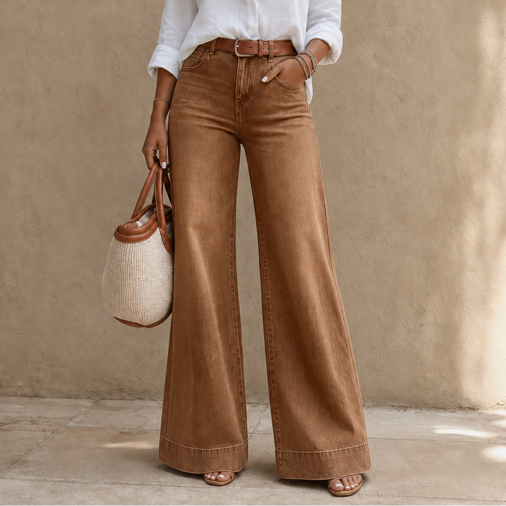 High-Rise Wide-Leg Vintage-Wash Denim-Look Jeans