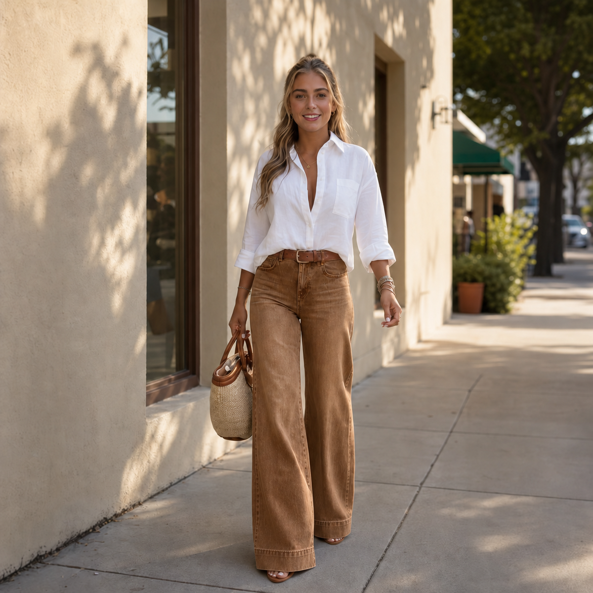 High-Rise Wide-Leg Vintage-Wash Denim-Look Jeans