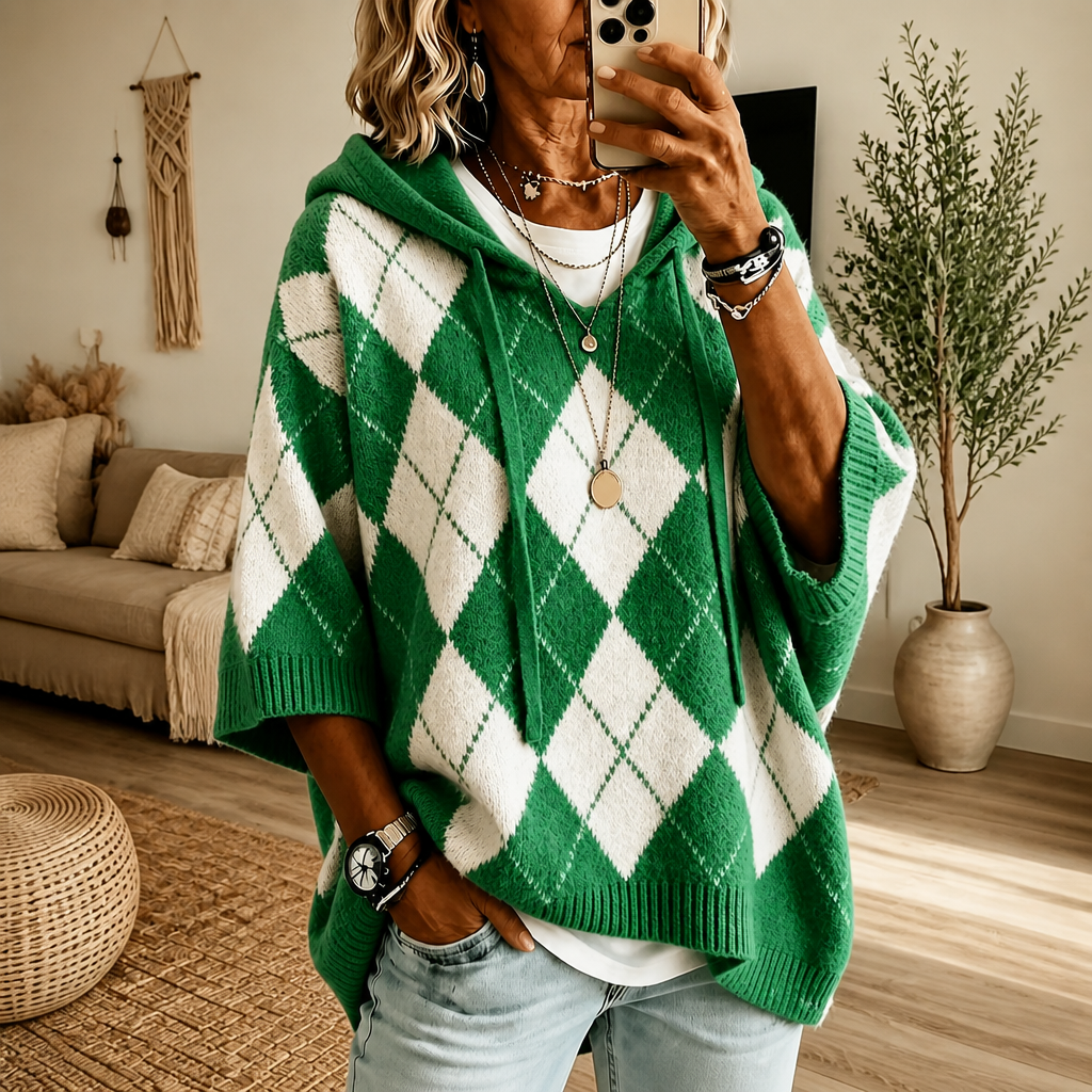 Hooded Argyle Batwing Poncho Sweater