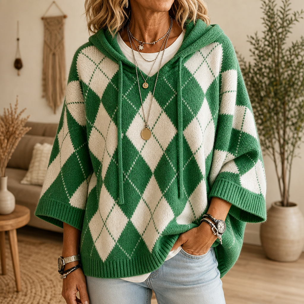 Hooded Argyle Batwing Poncho Sweater