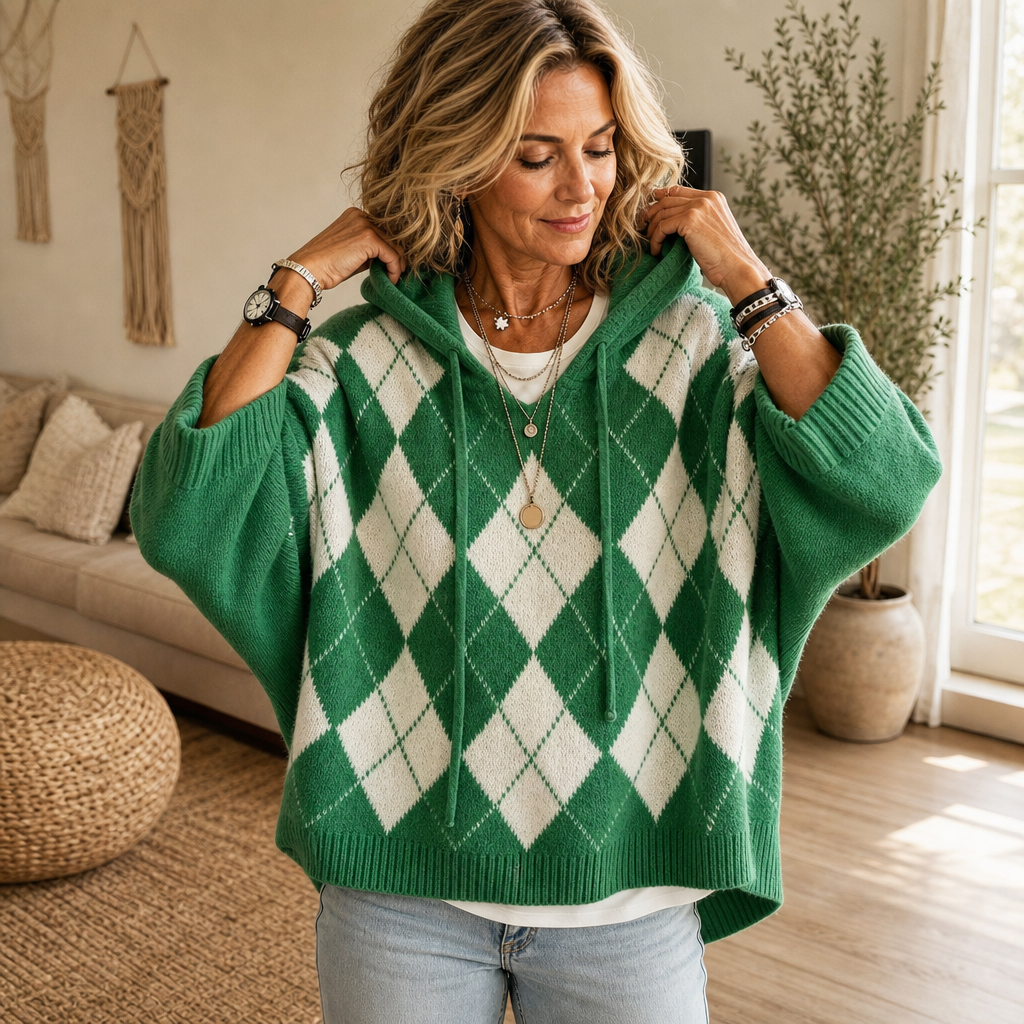 Hooded Argyle Batwing Poncho Sweater