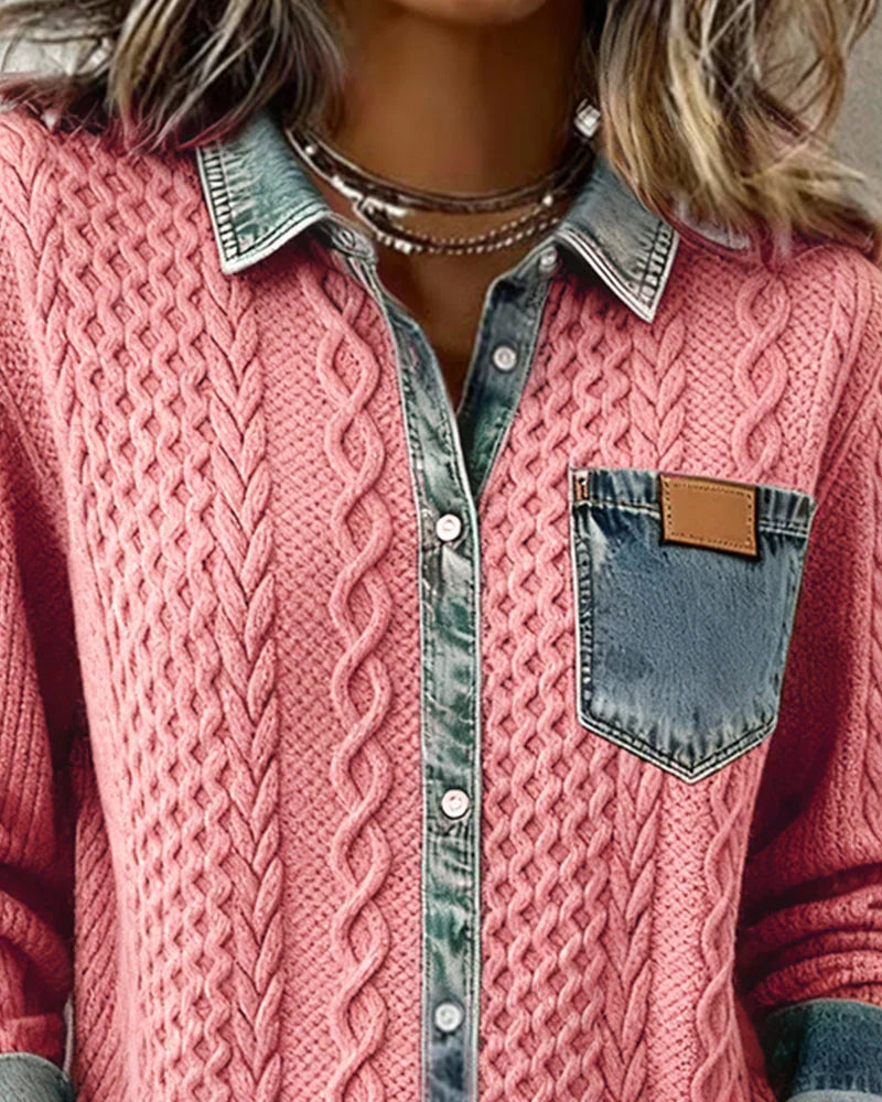 Icone™ DenimKnitwear: Women's Collared Patchwork Denim Knitwear