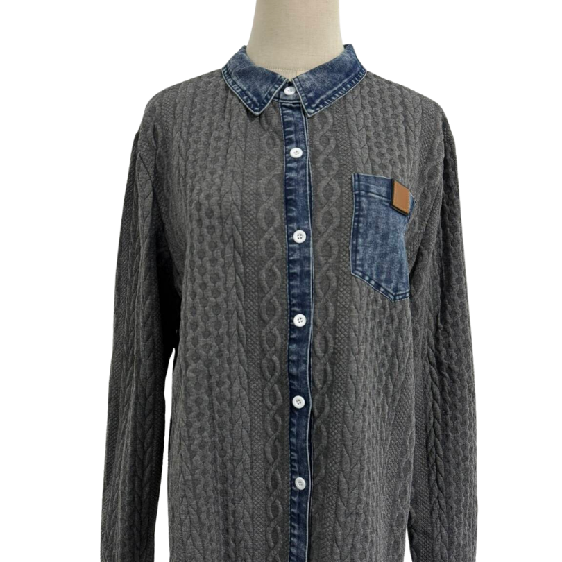 Icone™ DenimKnitwear: Women's Collared Patchwork Denim Knitwear