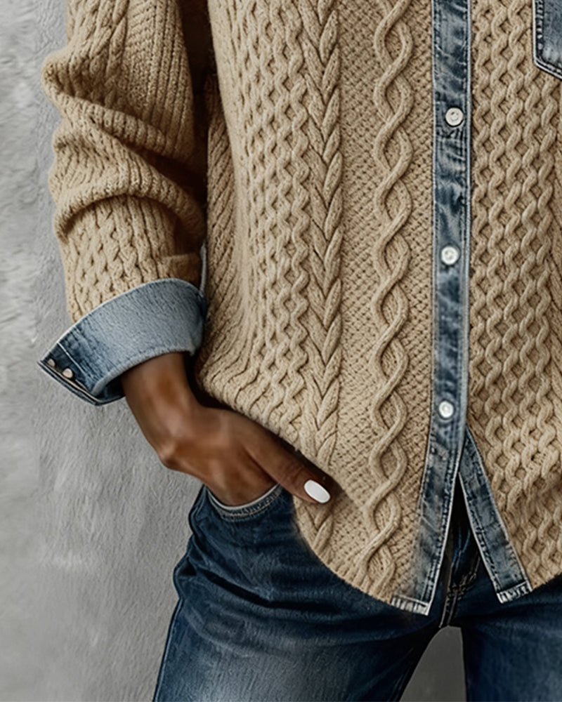 Icone™ DenimKnitwear: Women's Collared Patchwork Denim Knitwear