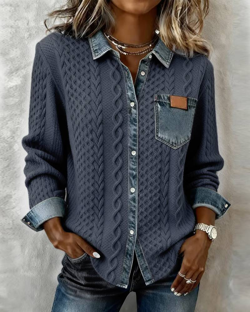 Icone™ DenimKnitwear: Women's Collared Patchwork Denim Knitwear