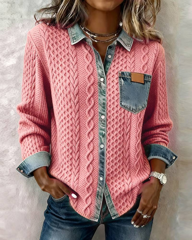 Icone™ DenimKnitwear: Women's Collared Patchwork Denim Knitwear