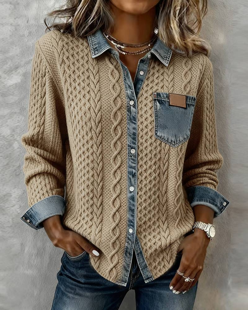Icone™ DenimKnitwear: Women's Collared Patchwork Denim Knitwear