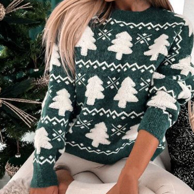 Knitted Christmas Sweater with White Christmas Tree Pattern