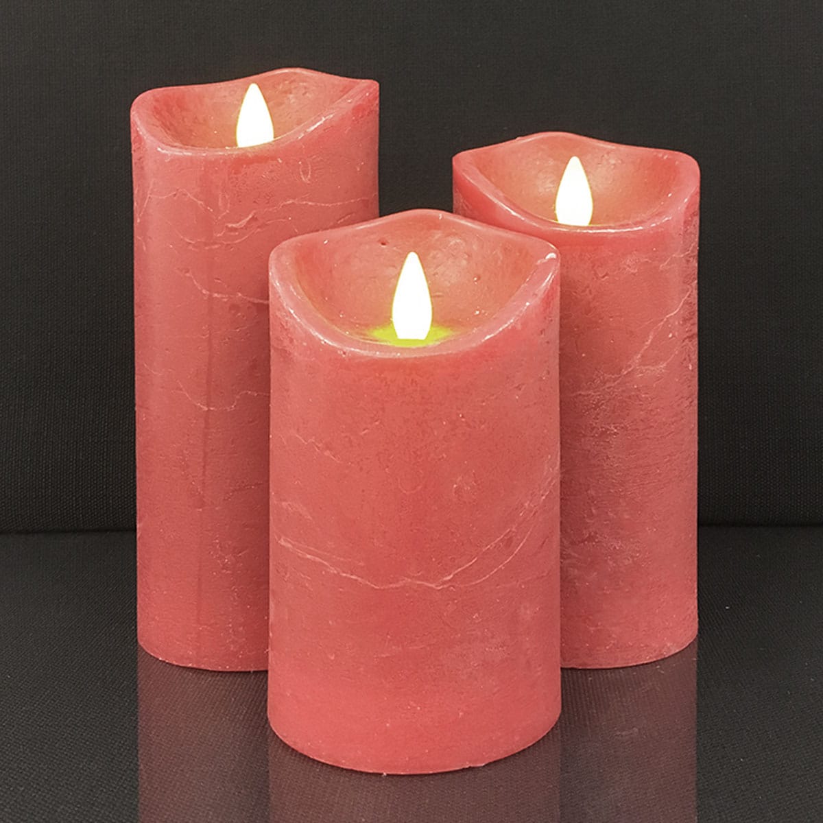 LED Block Candle - RUSTIC - 3 pcs. - 10/12.5/15 cm - with 3D Flame - (multiple colors)