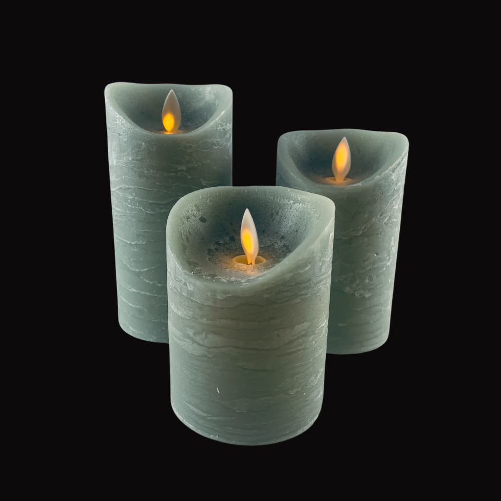 LED Block Candle - RUSTIC - 3 pcs. - 10/12.5/15 cm - with 3D Flame - (multiple colors)