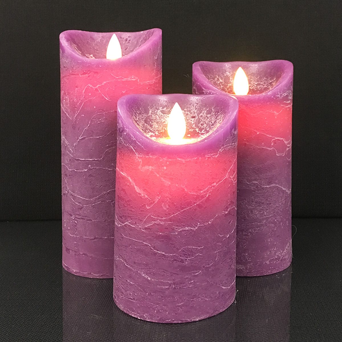LED Block Candle - RUSTIC - 3 pcs. - 10/12.5/15 cm - with 3D Flame - (multiple colors)