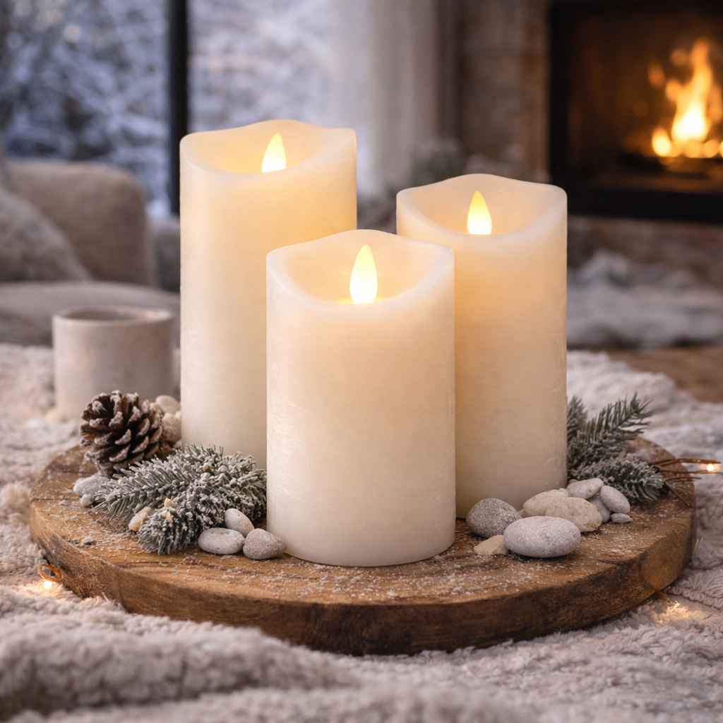 LED Block Candle - RUSTIC - 3 pcs. - 10/12.5/15 cm - with 3D Flame - (multiple colors)