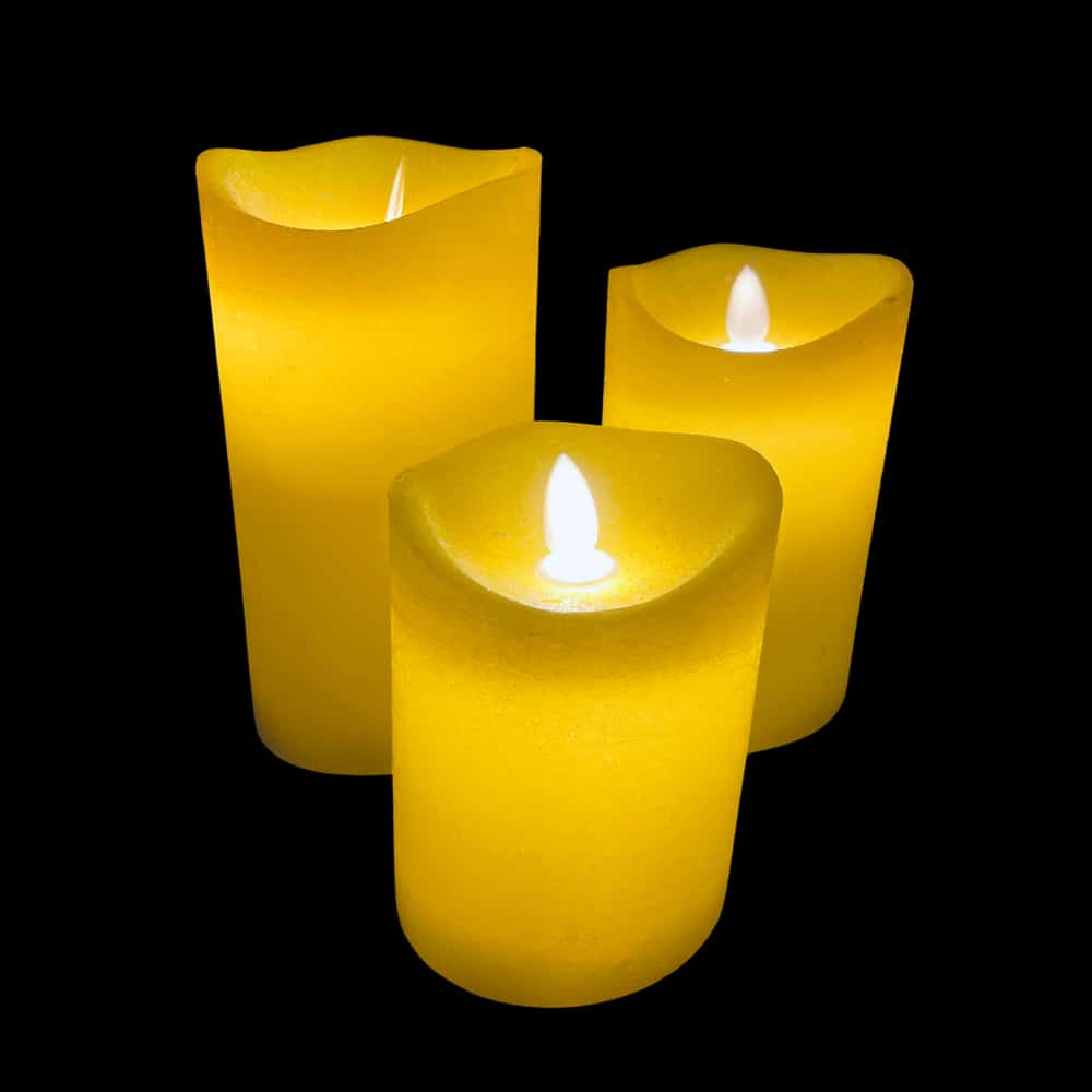 LED Block Candle - RUSTIC - 3 pcs. - 10/12.5/15 cm - with 3D Flame - (multiple colors)