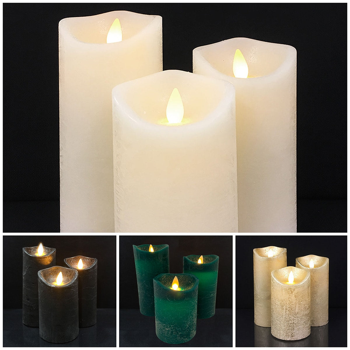LED Block Candle - RUSTIC - 3 pcs. - 10/12.5/15 cm - with 3D Flame - (multiple colors)