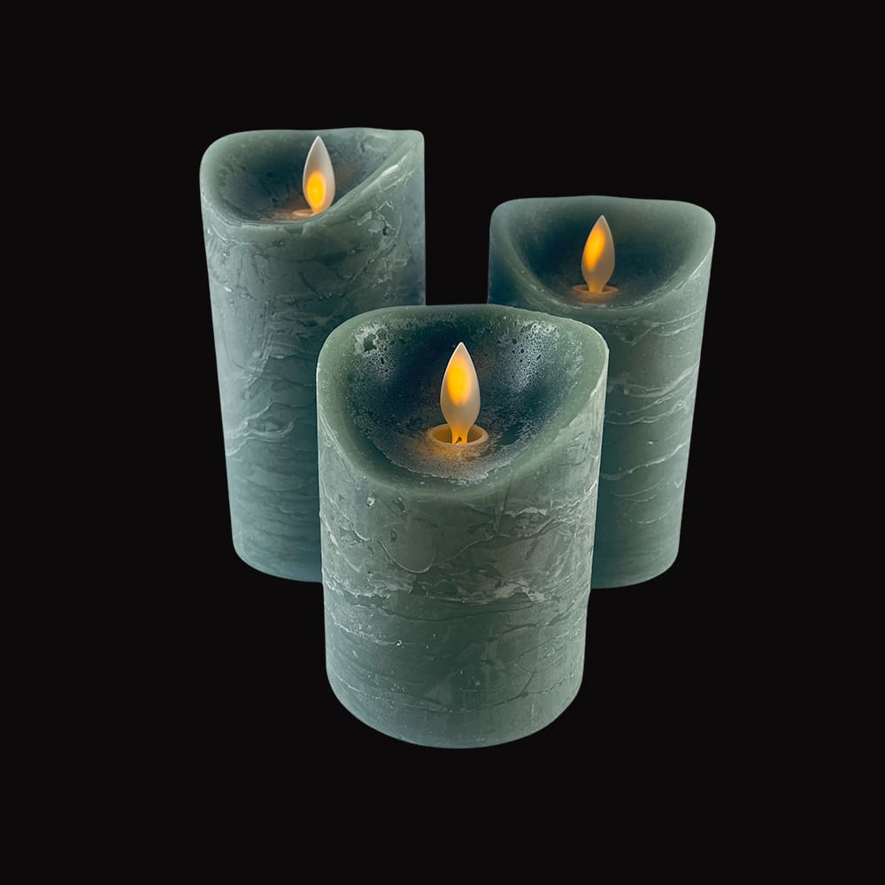LED Block Candle - RUSTIC - 3 pcs. - 10/12.5/15 cm - with 3D Flame - (multiple colors)