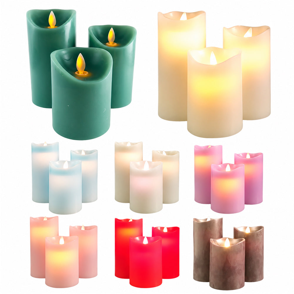 LED Block Candles - 3 pcs. - 12/15/17 cm - with 3D Flame - (Multiple Colors)