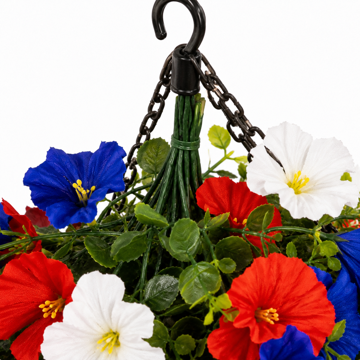 Liberty Bloom – Patriotic Hanging Flower Basket with LED Lights, Red White Blue Silk Blooms for July 4th Porch Decor