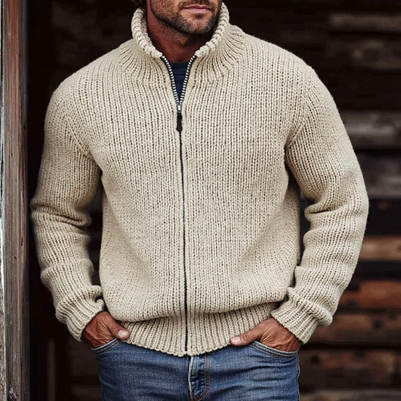 Men's Chunky Knit Cardigan with Stand-Up Collar and Full Zip