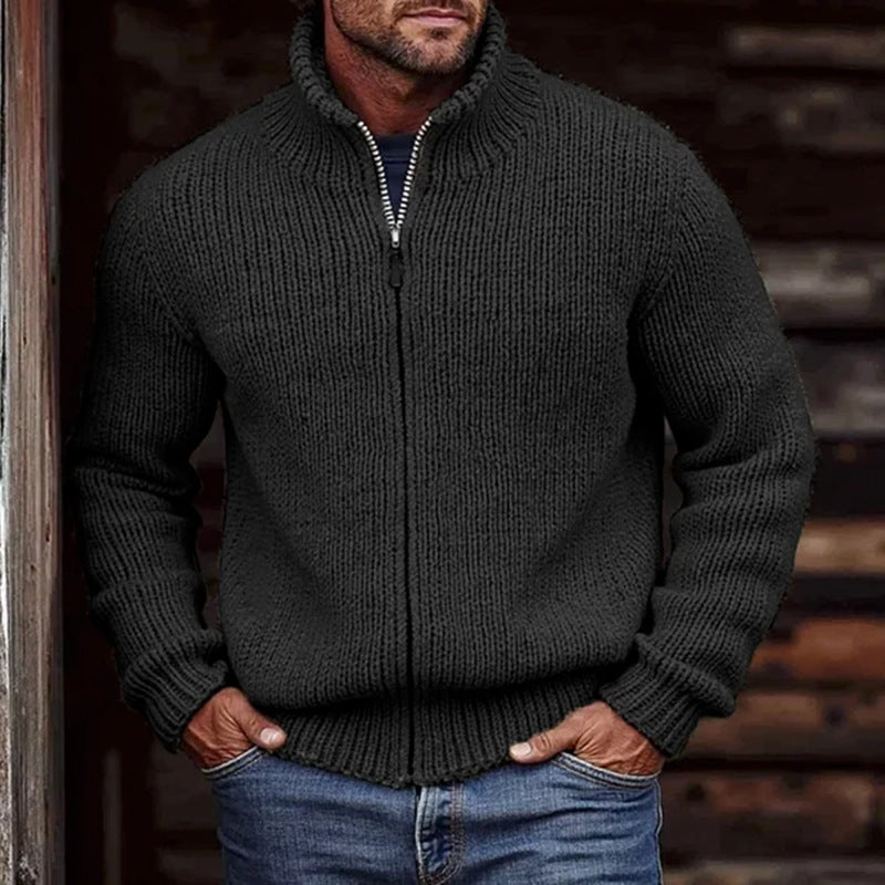 Men's Chunky Knit Cardigan with Stand-Up Collar and Full Zip