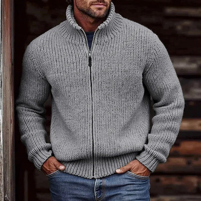 Men's Chunky Knit Cardigan with Stand-Up Collar and Full Zip