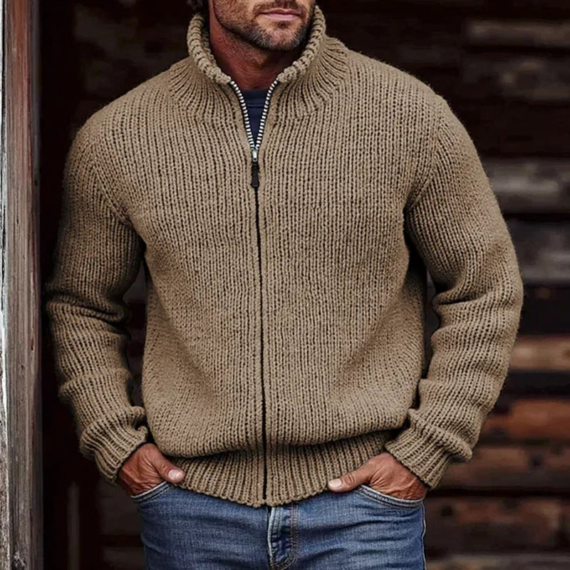 Men's Chunky Knit Cardigan with Stand-Up Collar and Full Zip
