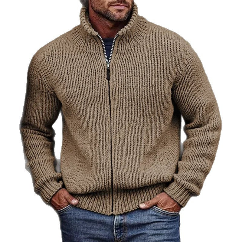 Men's Chunky Knit Cardigan with Stand-Up Collar and Full Zip
