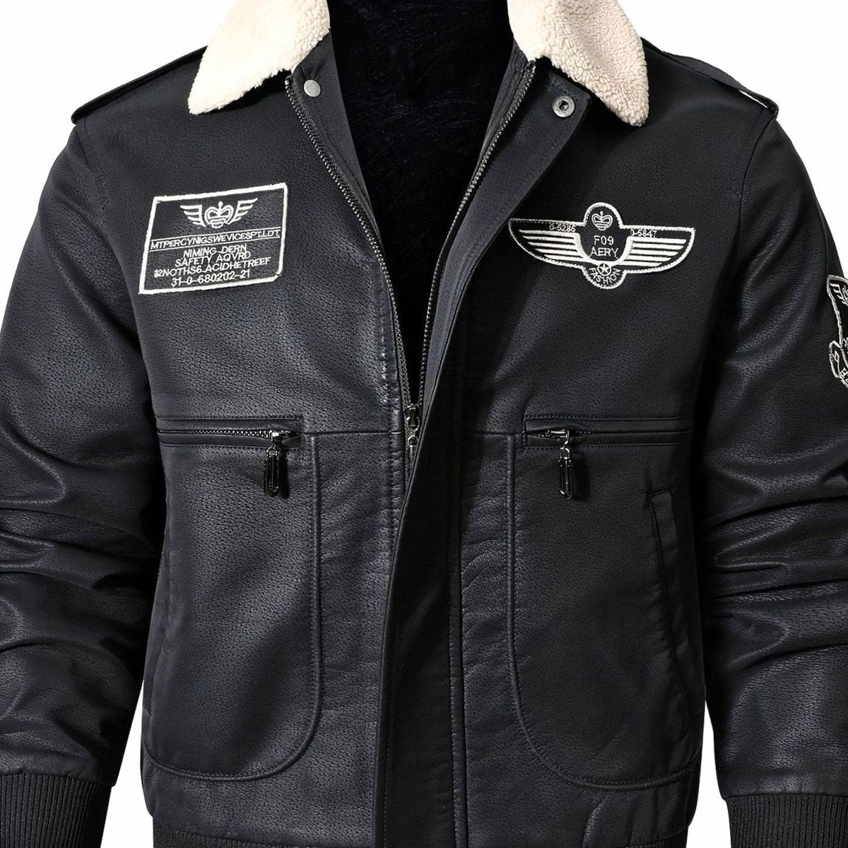 Men's Faux Leather Aviator Bomber Jacket with Sherpa Collar