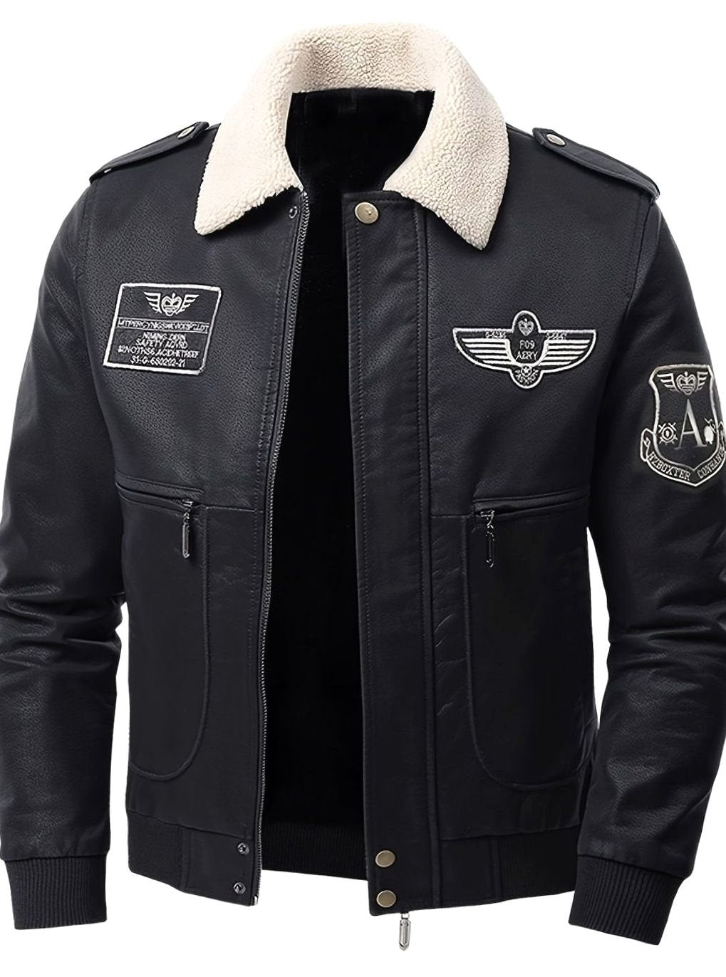 Men's Faux Leather Aviator Bomber Jacket with Sherpa Collar