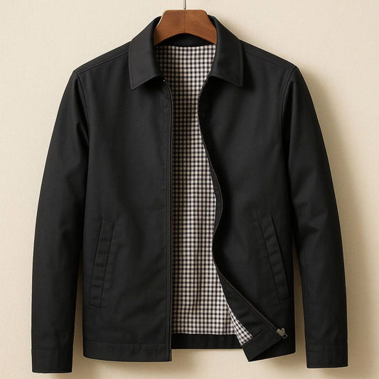 Men's Harrington Bomber Jacket with Shirt Collar and Checked Lining