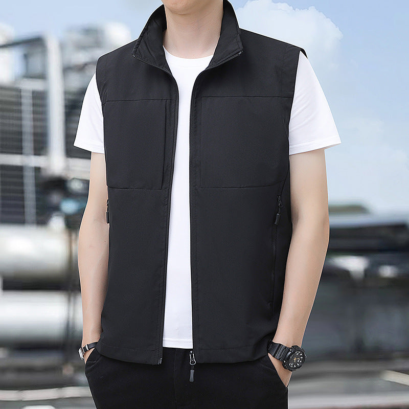 Men's Lightweight Windproof Outdoor Vest with Stand-Up Collar and Concealed Zip Pockets