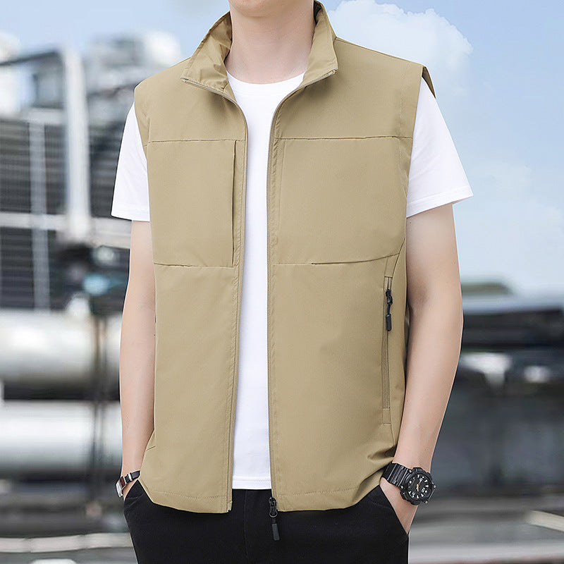 Men's Lightweight Windproof Outdoor Vest with Stand-Up Collar and Concealed Zip Pockets