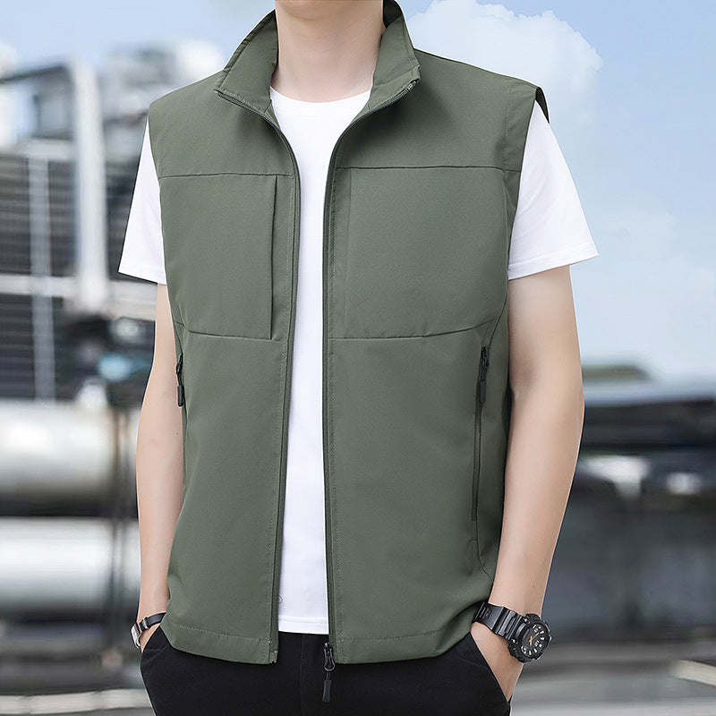 Men's Lightweight Windproof Outdoor Vest with Stand-Up Collar and Concealed Zip Pockets