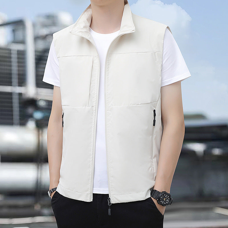 Men's Lightweight Windproof Outdoor Vest with Stand-Up Collar and Concealed Zip Pockets