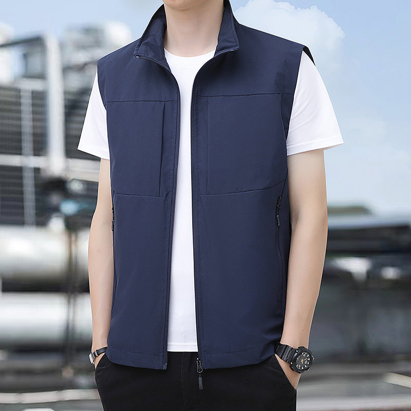 Men's Lightweight Windproof Outdoor Vest with Stand-Up Collar and Concealed Zip Pockets