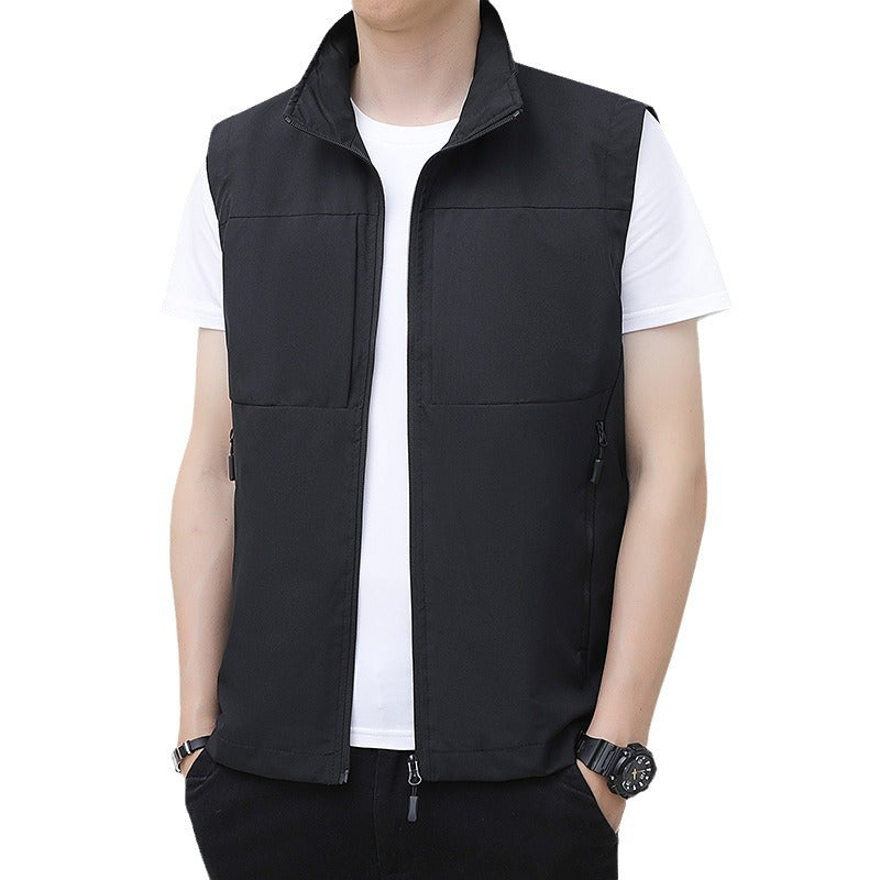 Men's Lightweight Windproof Outdoor Vest with Stand-Up Collar and Concealed Zip Pockets