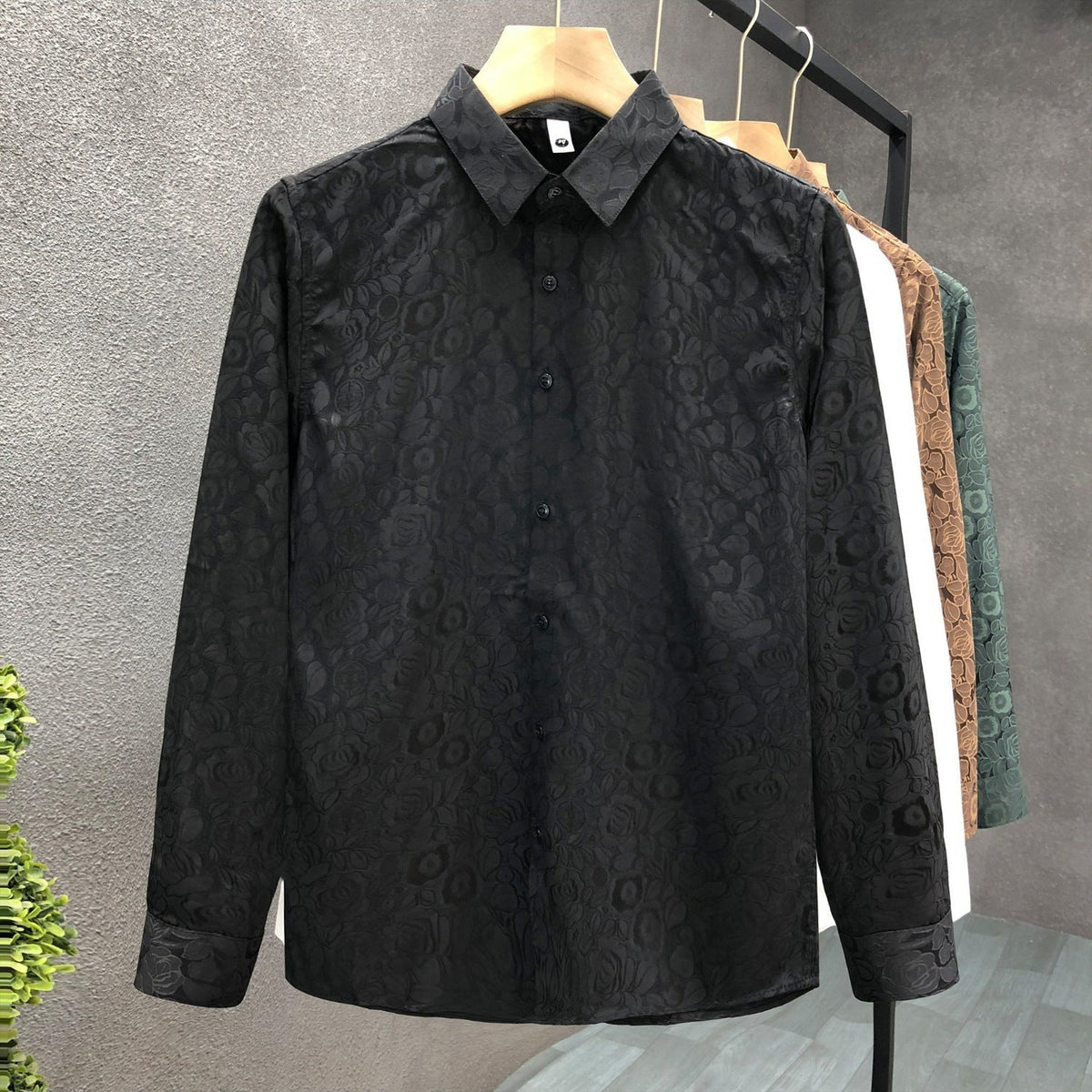 Men's Long Sleeve Jacquard Shirt with Fine Floral Embossing and Spread Collar