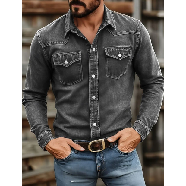 Men's Long-Sleeve Western Denim Shirt with Snap-Button Chest Pockets