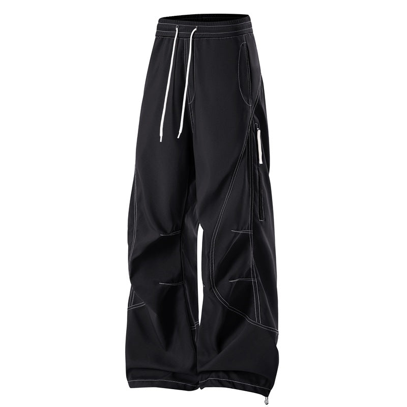 Men's Loose Cargo Pants with Elastic Drawstring Waistband and Side Zip Pocket