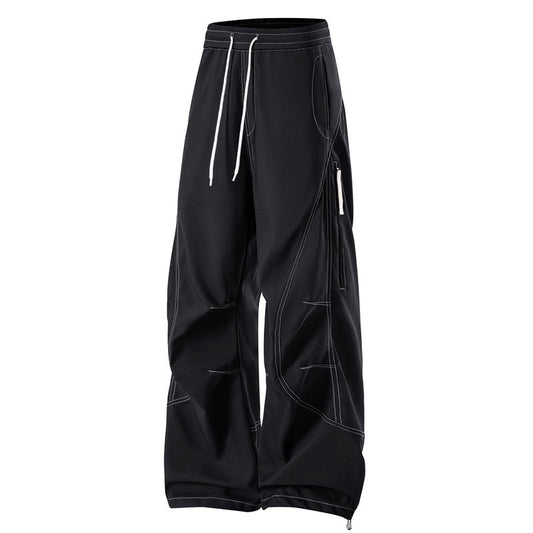 Men's Loose Cargo Pants with Elastic Drawstring Waistband and Side Zip Pocket