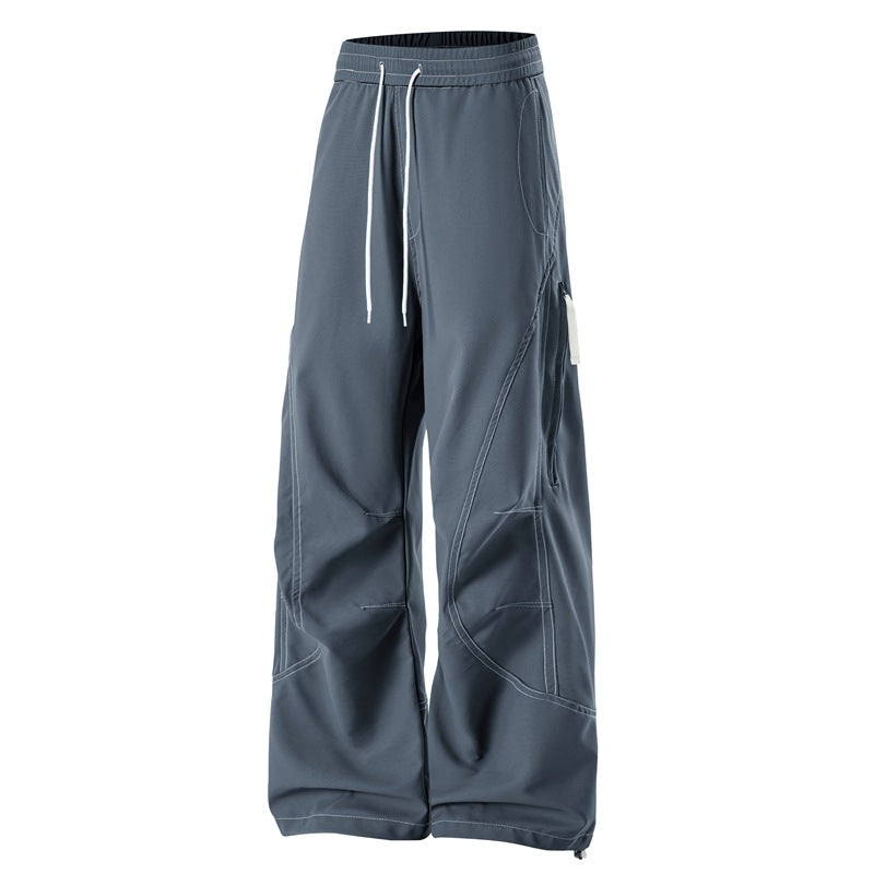 Men's Loose Cargo Pants with Elastic Drawstring Waistband and Side Zip Pocket