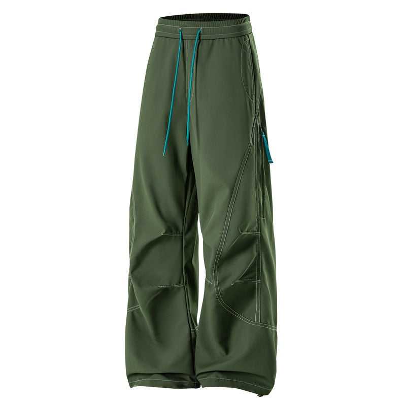 Men's Loose Cargo Pants with Elastic Drawstring Waistband and Side Zip Pocket
