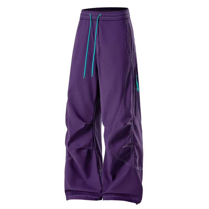 Men's Loose Cargo Pants with Elastic Drawstring Waistband and Side Zip Pocket