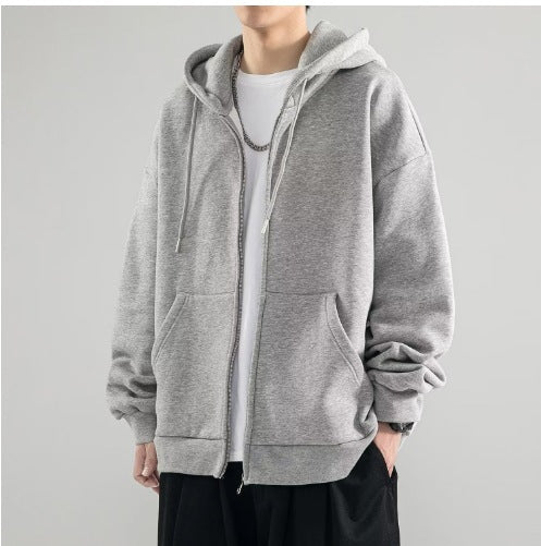 Men's Oversized Full-Zip Hoodie Jacket with Double-Layer Hood and Kangaroo Pockets